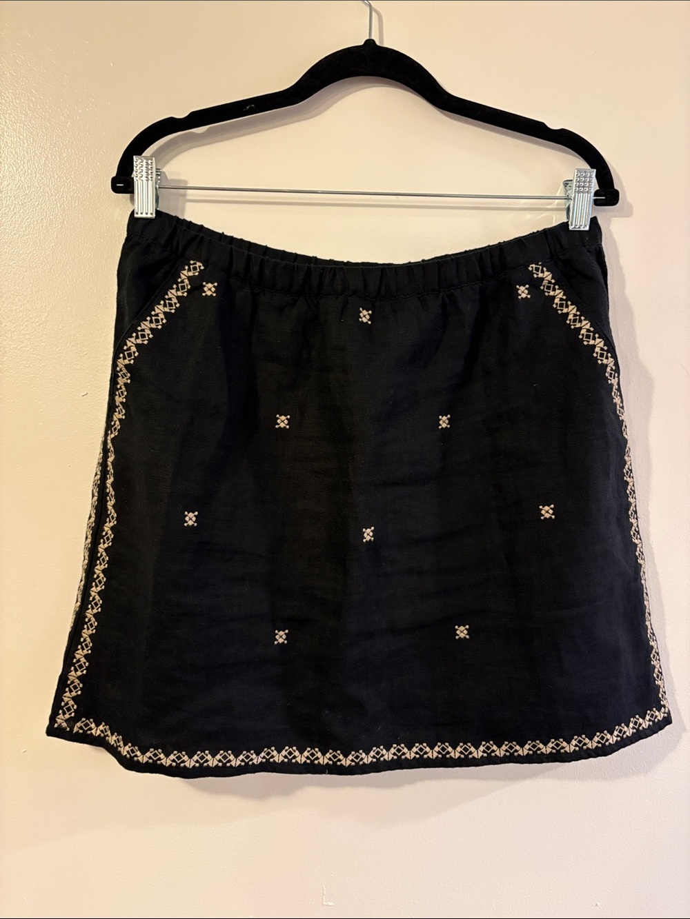 Garnet Hill Black Embroidered Linen Mini Skirt